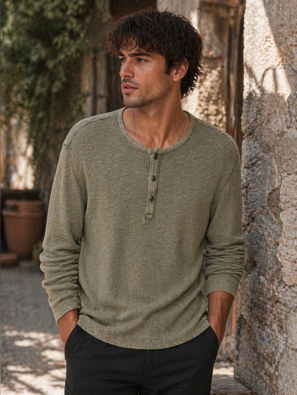 NWT- John Varvatos Olive Long-Sleeve Henley Shirt for Men, Size XXL